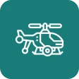 White helicopter icon on teal square