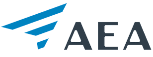 Stylized AEA text in blue and gray